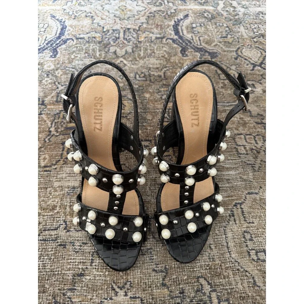 Schutz Zarita Sandals 9.5 Black Croc Embossed Leather Pearl Stud Slingback Heels